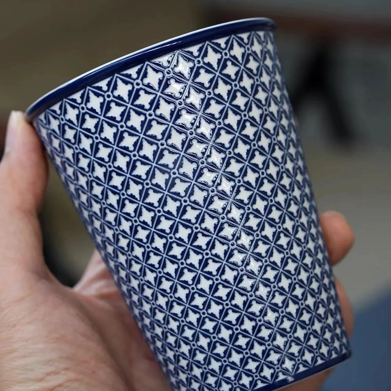 Japanese Underglaze Carved Floral Lattice Drinking Cup